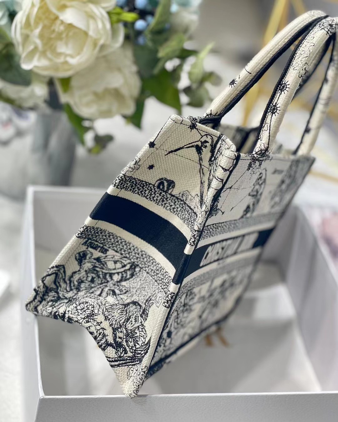 D*or new small book tote in white toile de jouy zodiac embroidery