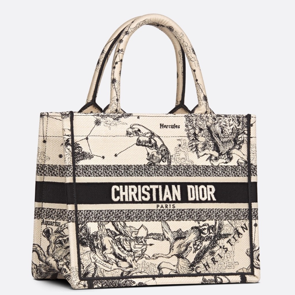 D*or new small book tote in white toile de jouy zodiac embroidery