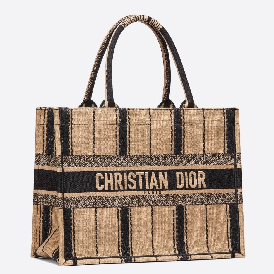 D*or small book tote in black and beige bayadère embroidered