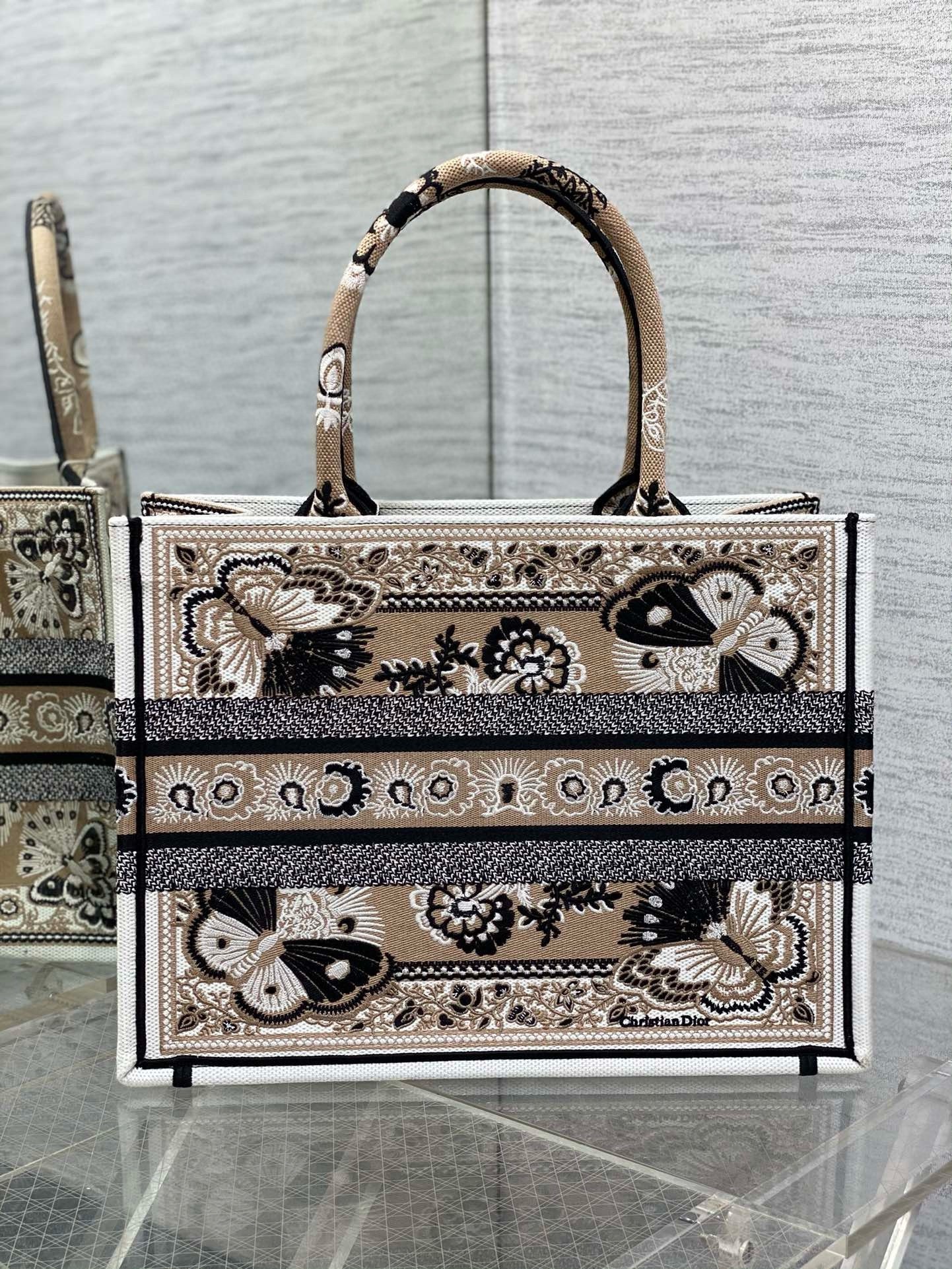 D*or medium book tote bag in beige butterfly bandana embroidery