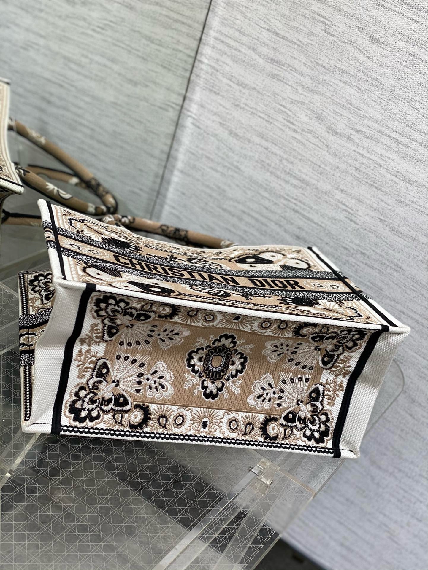 D*or medium book tote bag in beige butterfly bandana embroidery