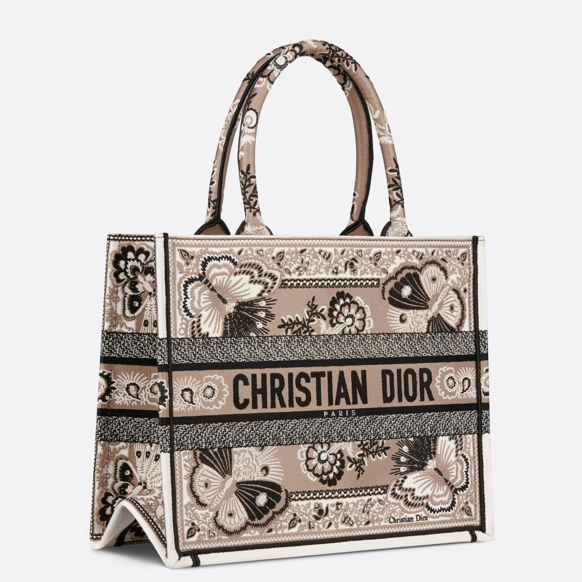 D*or medium book tote bag in beige butterfly bandana embroidery