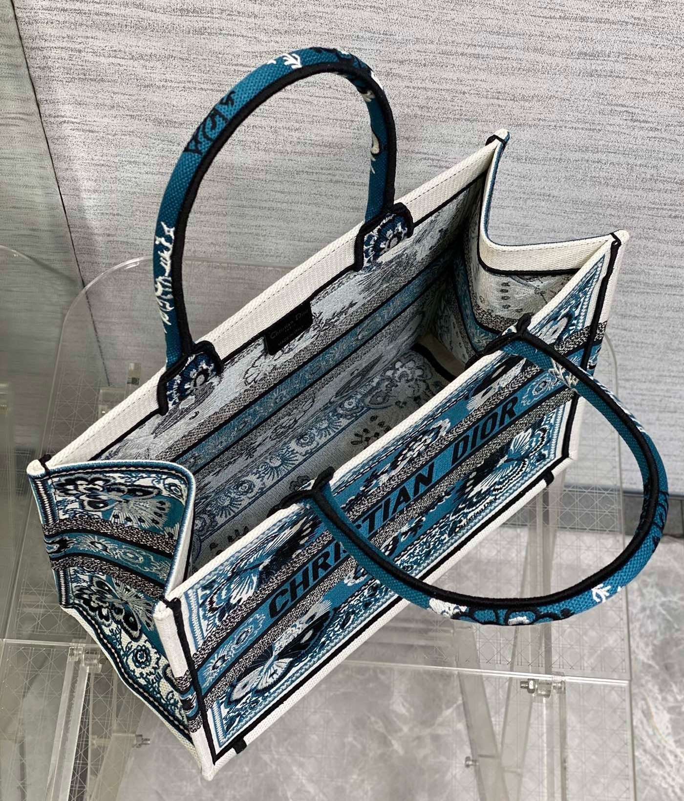 D*or medium book tote bag in blue butterfly bandana embroidery