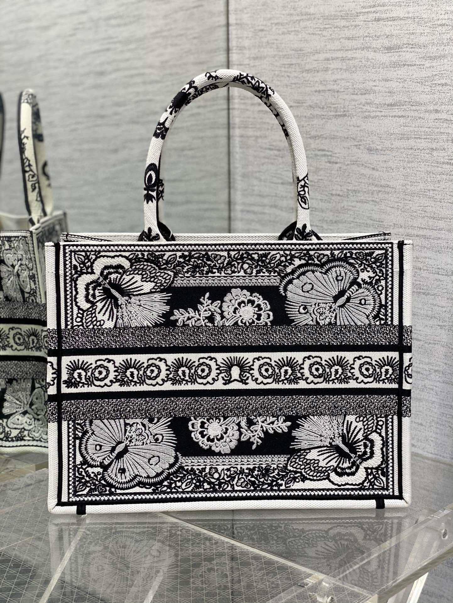 D*or medium book tote bag in black and white butterfly bandana embroidery