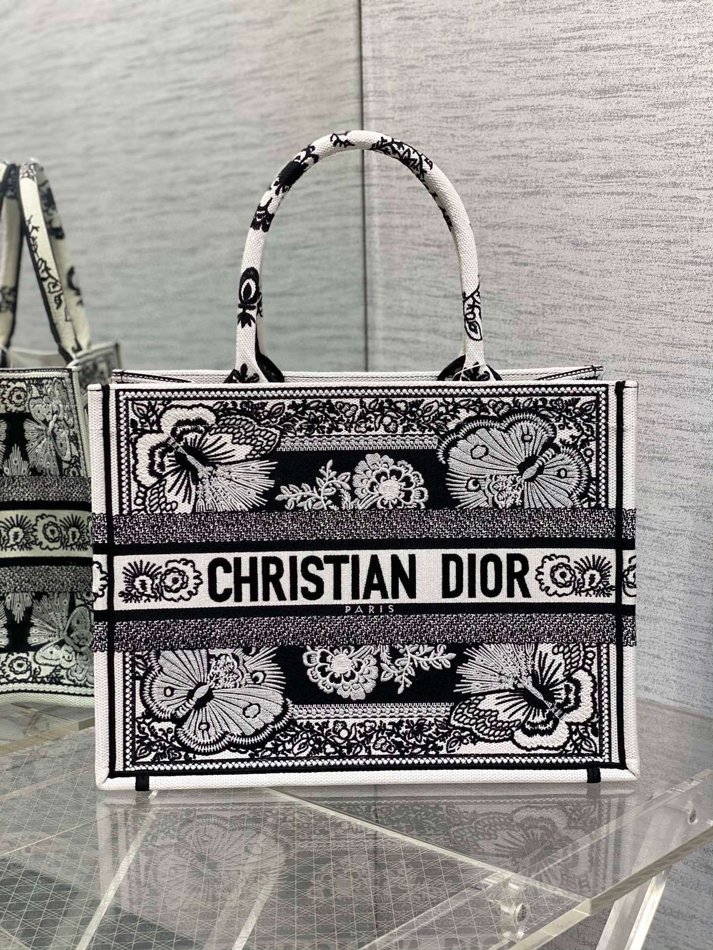 D*or medium book tote bag in black and white butterfly bandana embroidery