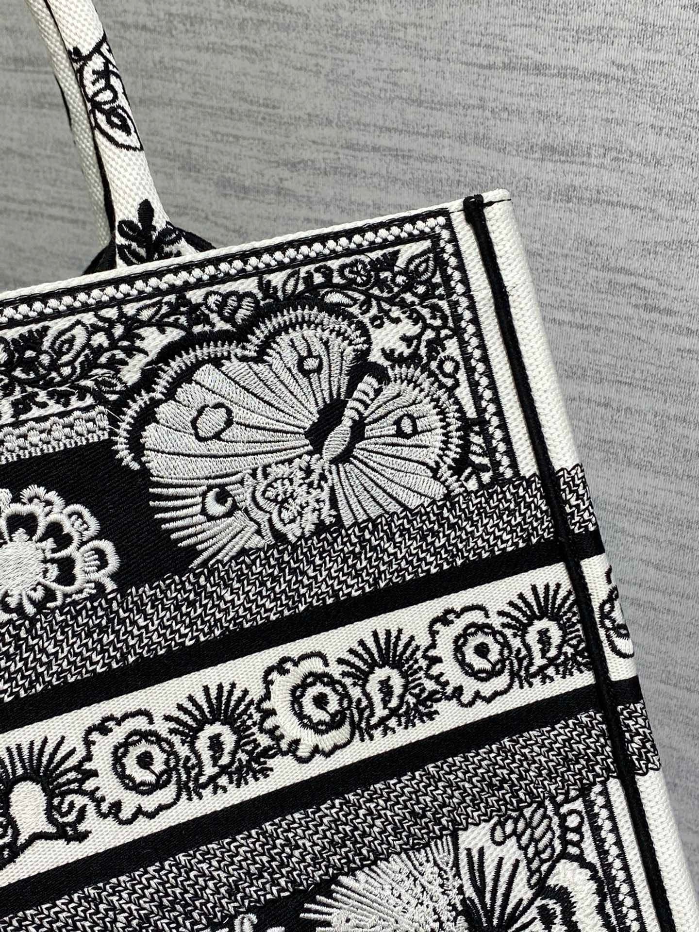 D*or medium book tote bag in black and white butterfly bandana embroidery