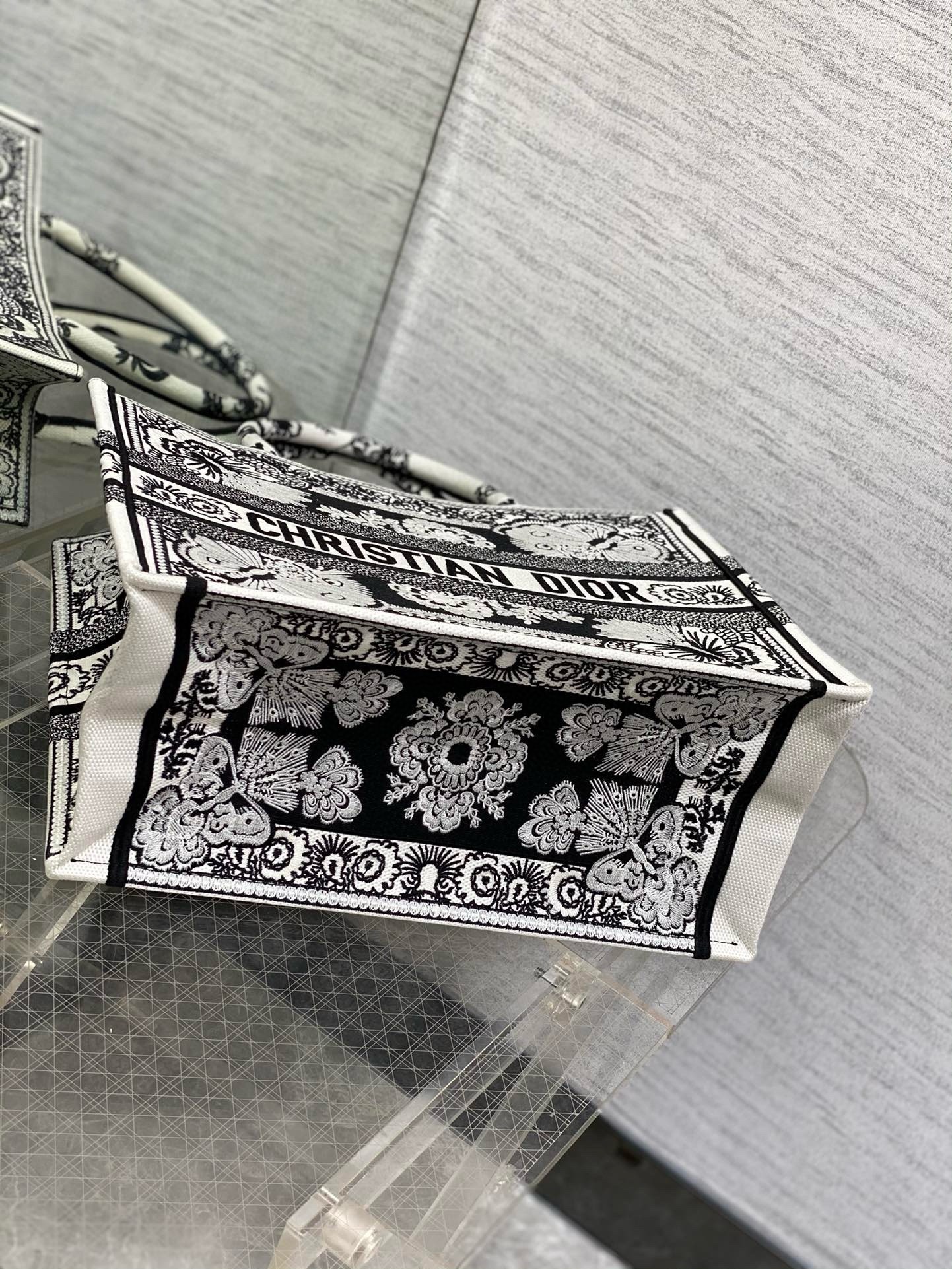D*or medium book tote bag in black and white butterfly bandana embroidery