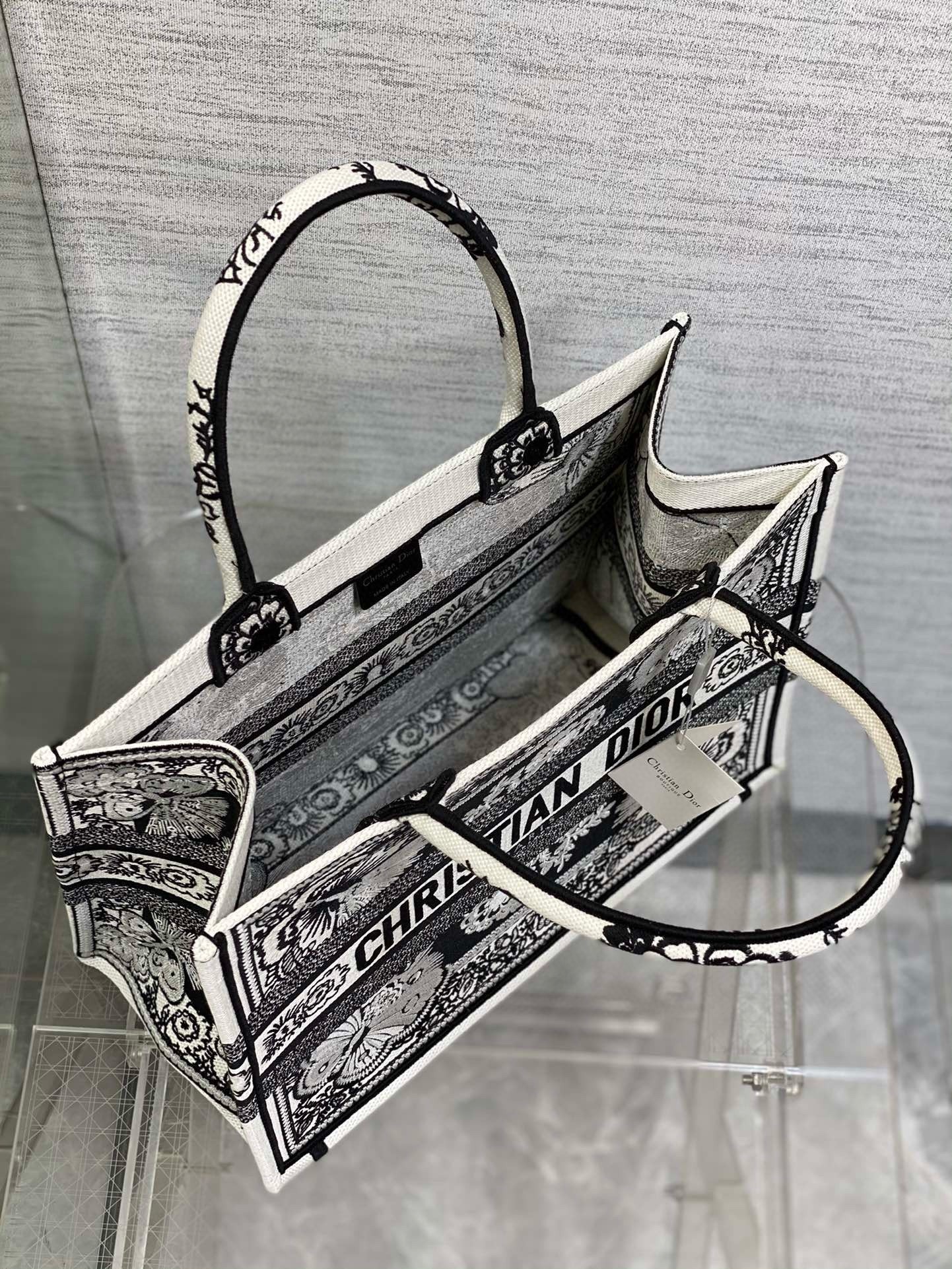 D*or medium book tote bag in black and white butterfly bandana embroidery
