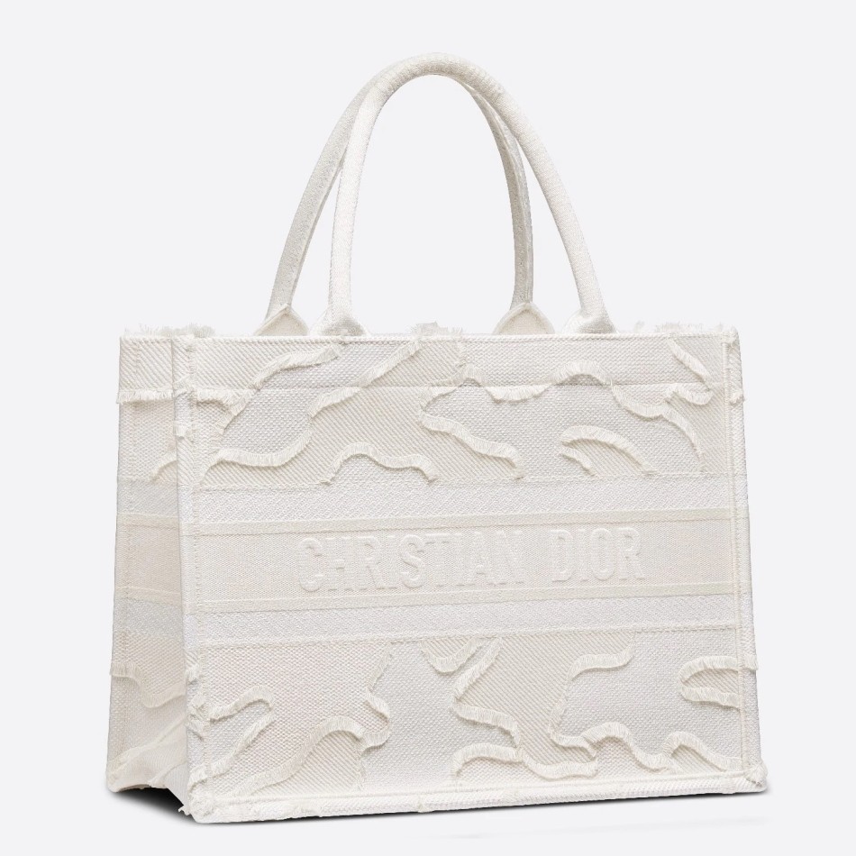D*or small book tote in white camouflage embroidered canvas