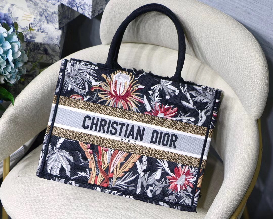 D*or small book tote in black camouflage with flowers