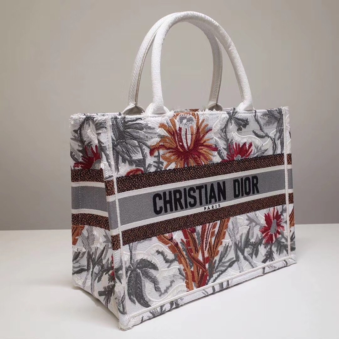 D*or small book tote in white camouflage with flowers