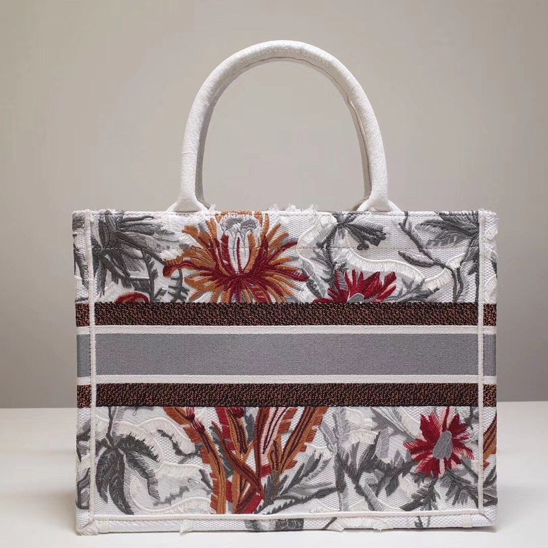 D*or small book tote in white camouflage with flowers