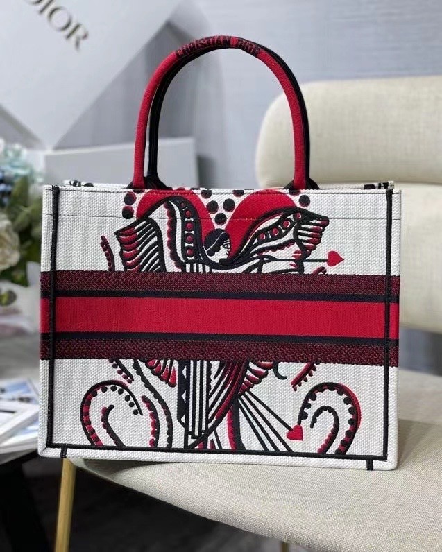 D*or medium book tote in latte multicolor cupidon embroidery