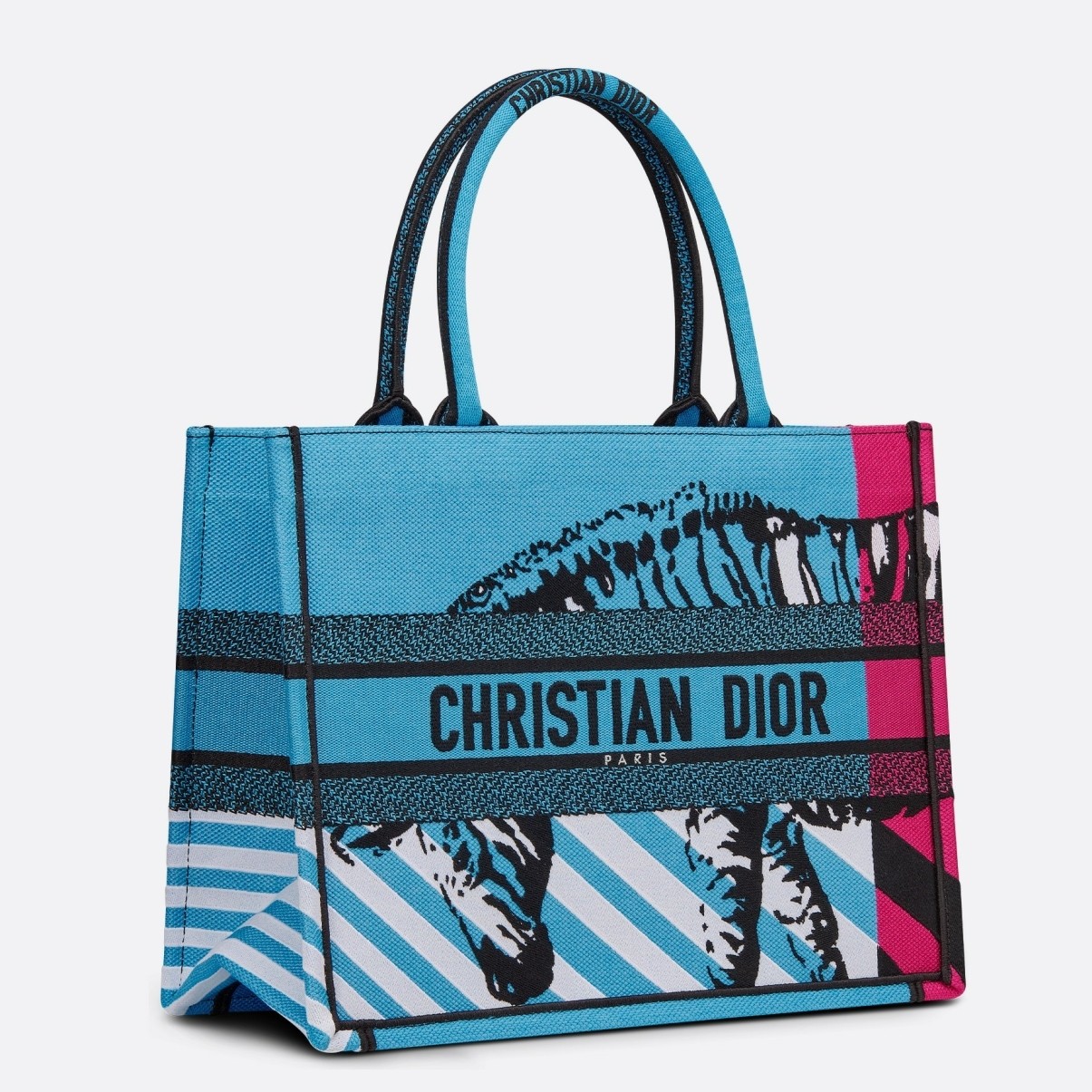 D*or medium book tote bag in blue d-jungle pop embroidery