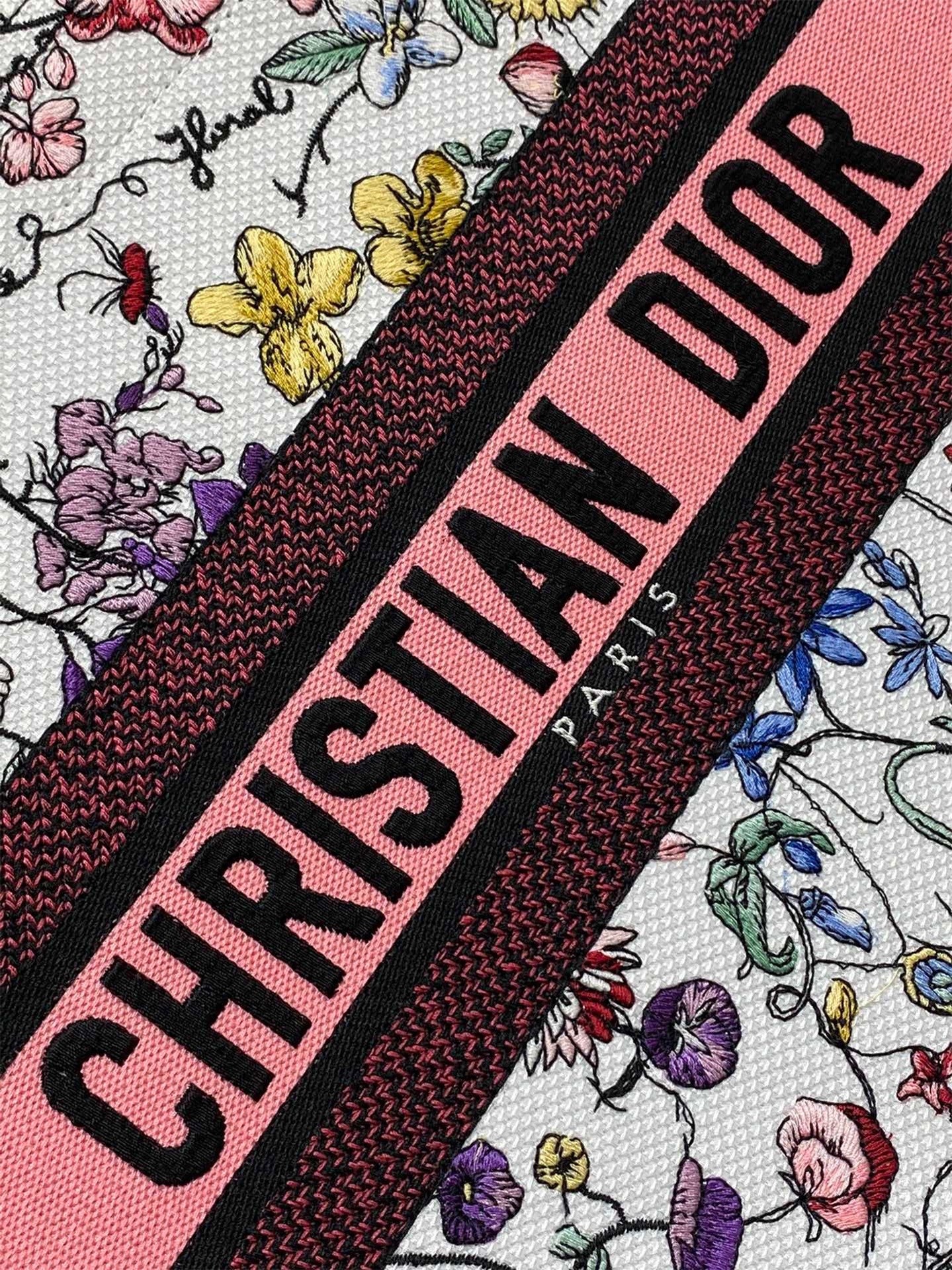D*or medium book tote bag in white multicolor florilegio embroidery