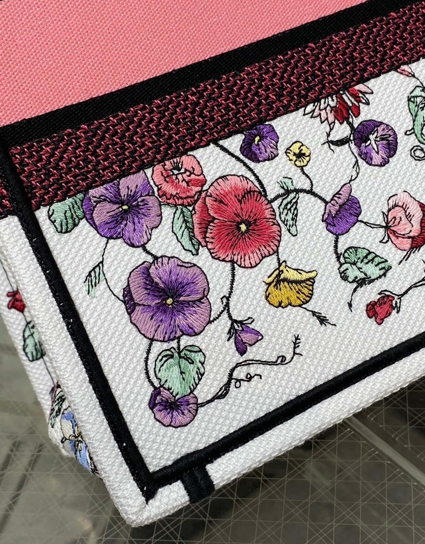 D*or medium book tote bag in white multicolor florilegio embroidery