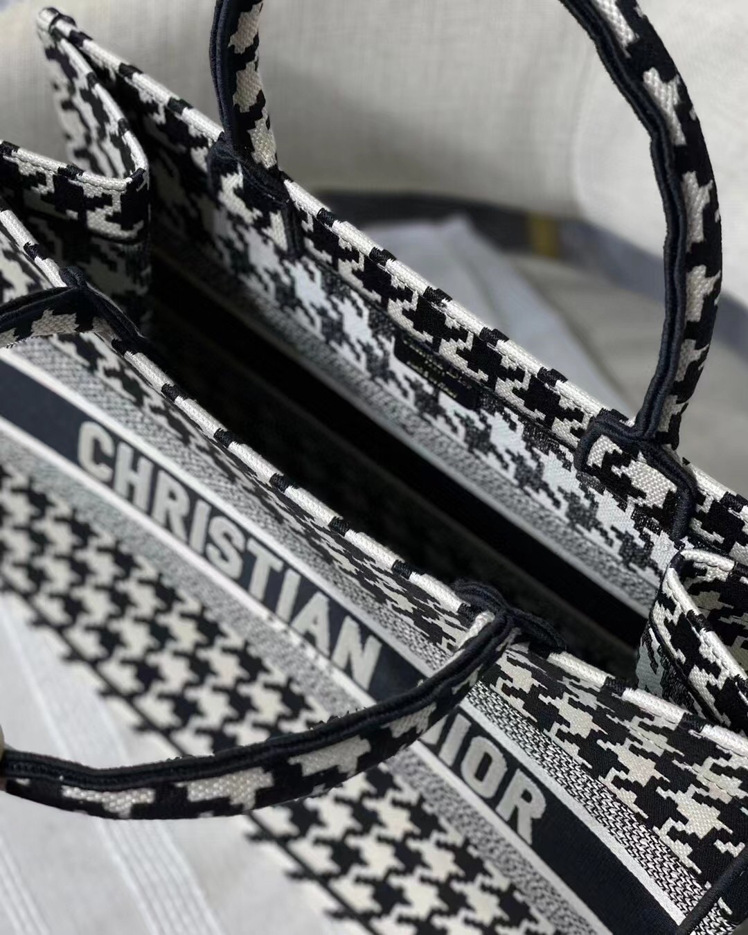 D*or small book tote in black houndstooth embroidery