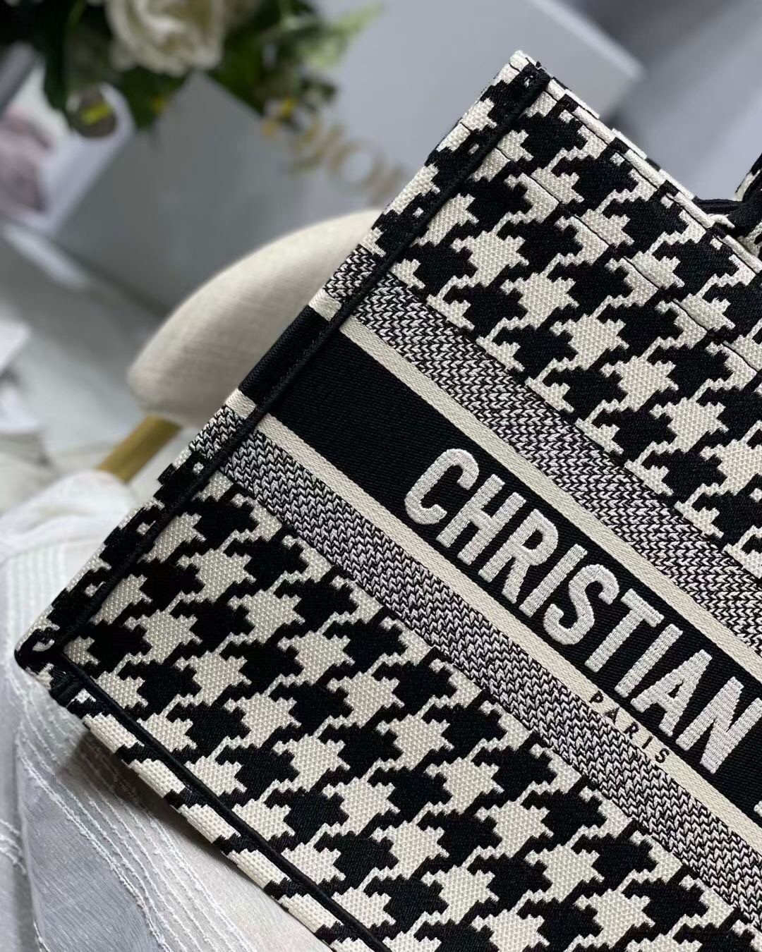 D*or small book tote in black houndstooth embroidery