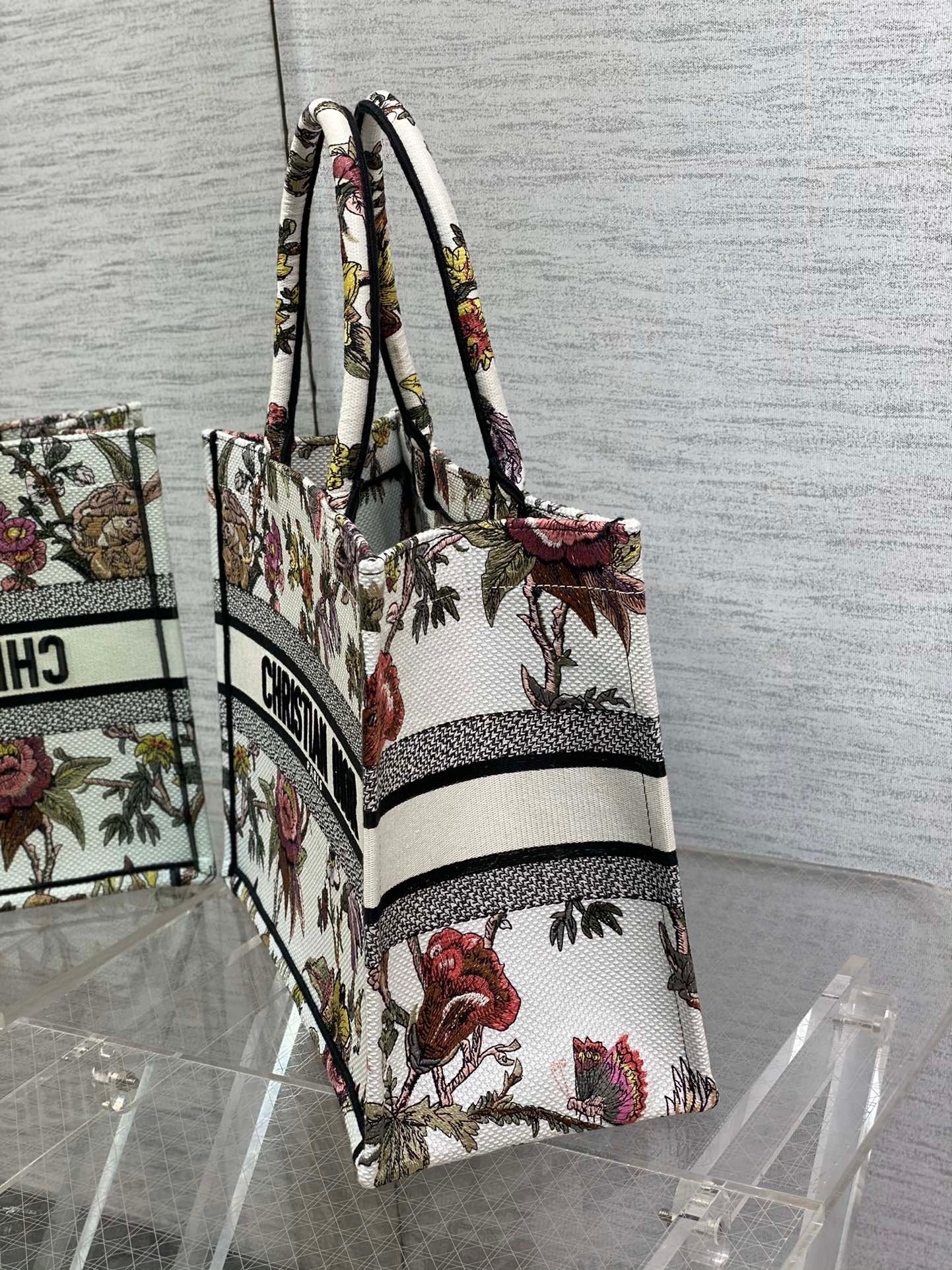 D*or medium book tote bag in white multicolor jardin botanique embroidery
