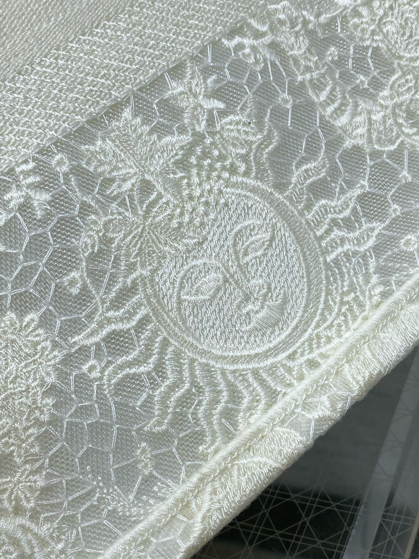 D*or medium book tote bag in white toile de jouy soleil macramé embroidery