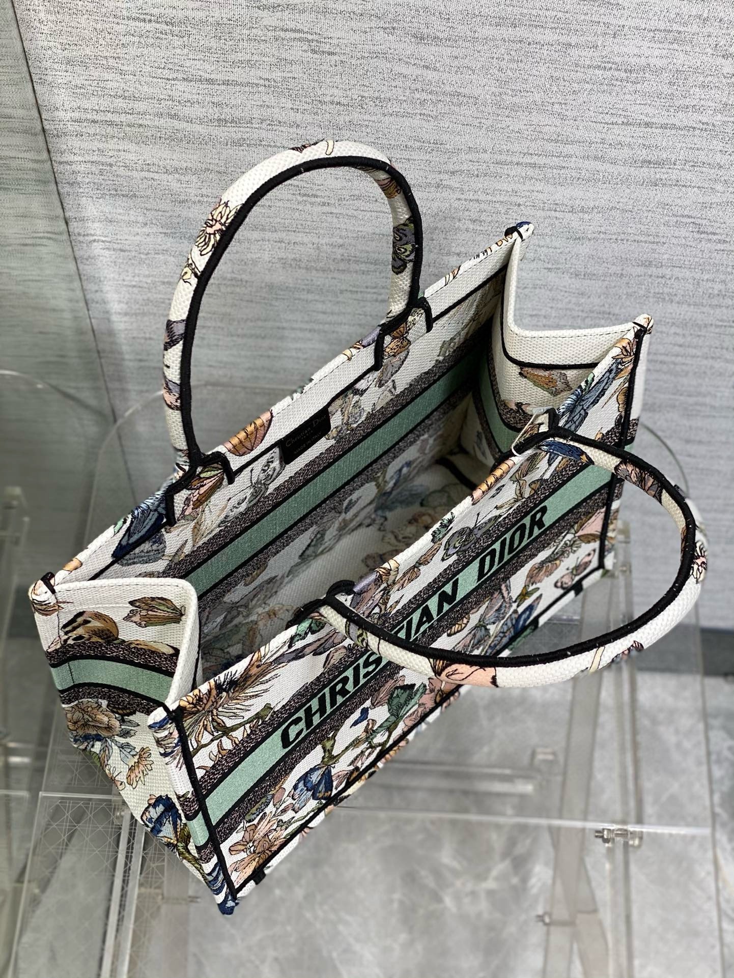 D*or medium book tote bag in white toile de jouy mexico embroidery