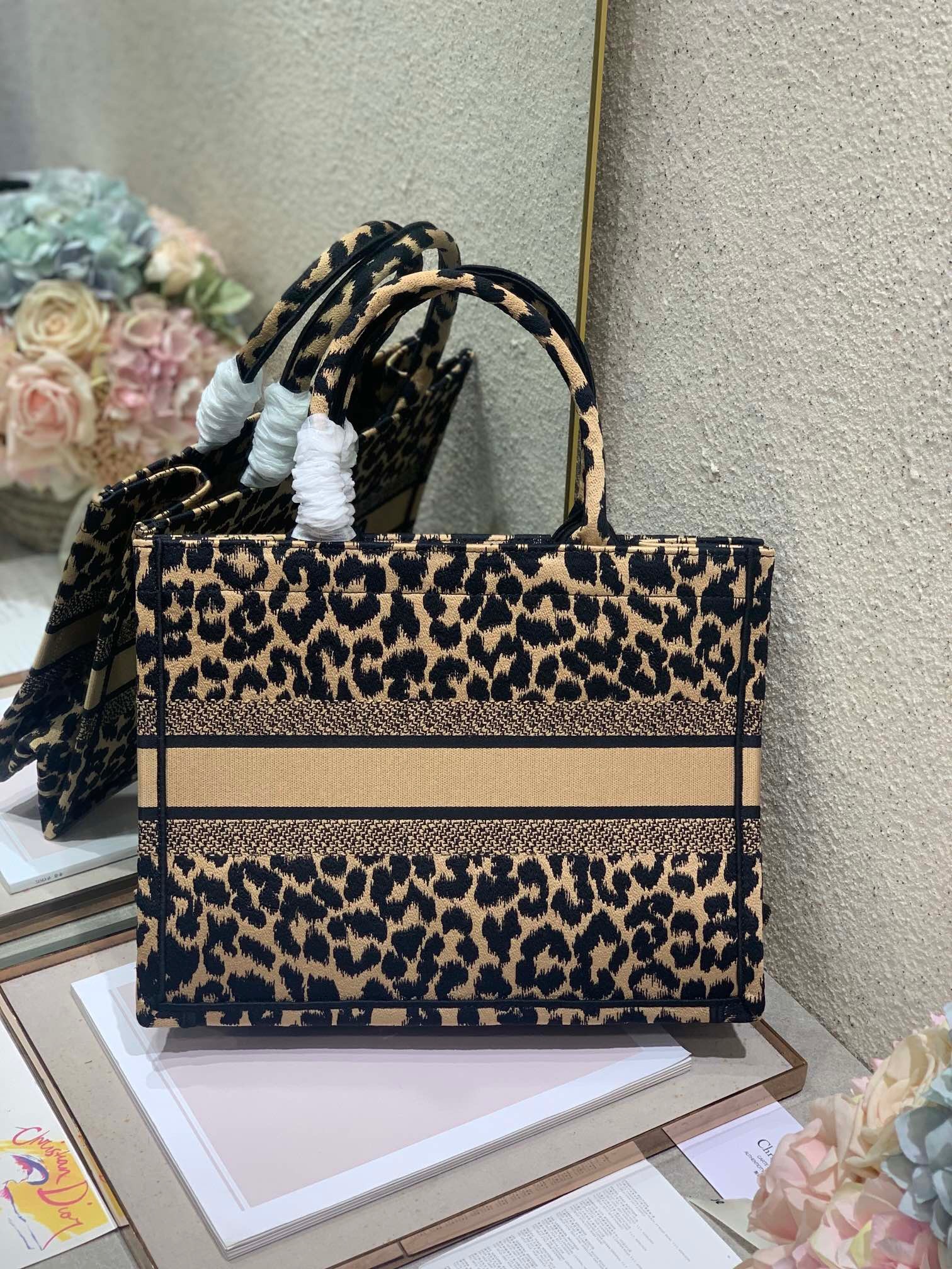 D*or medium book tote in beige multicolor mizza embroidery