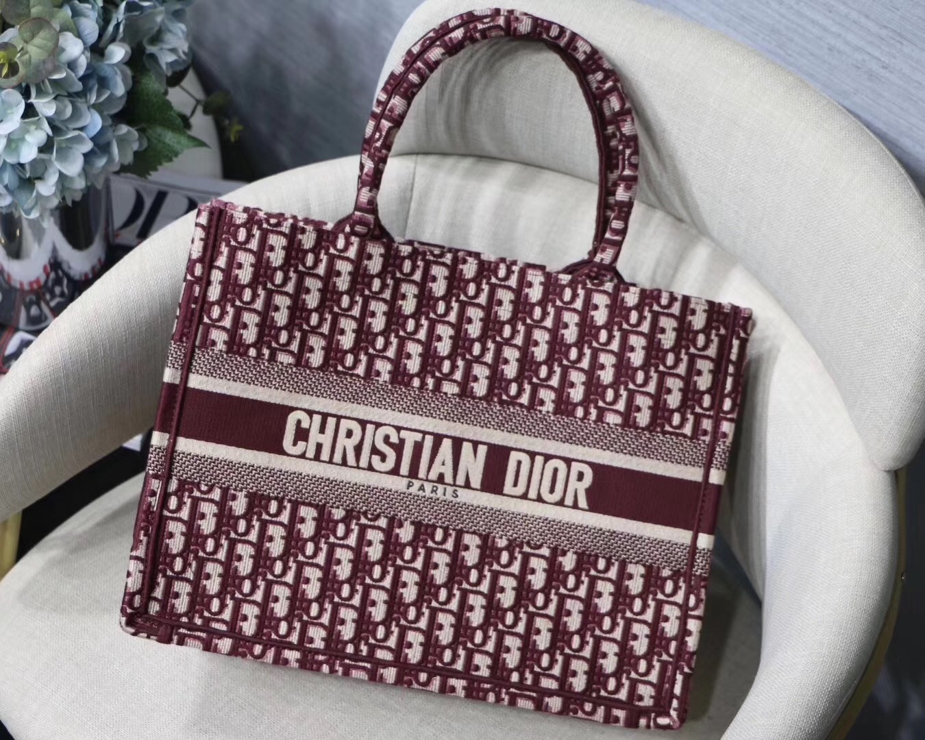 D*or small book tote bag in bordeaux oblique canvas