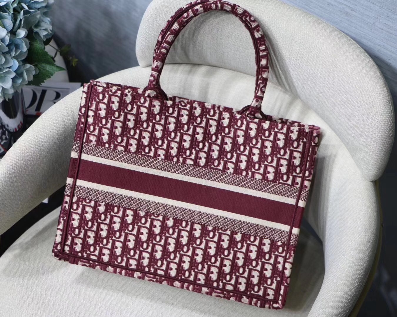 D*or small book tote bag in bordeaux oblique canvas