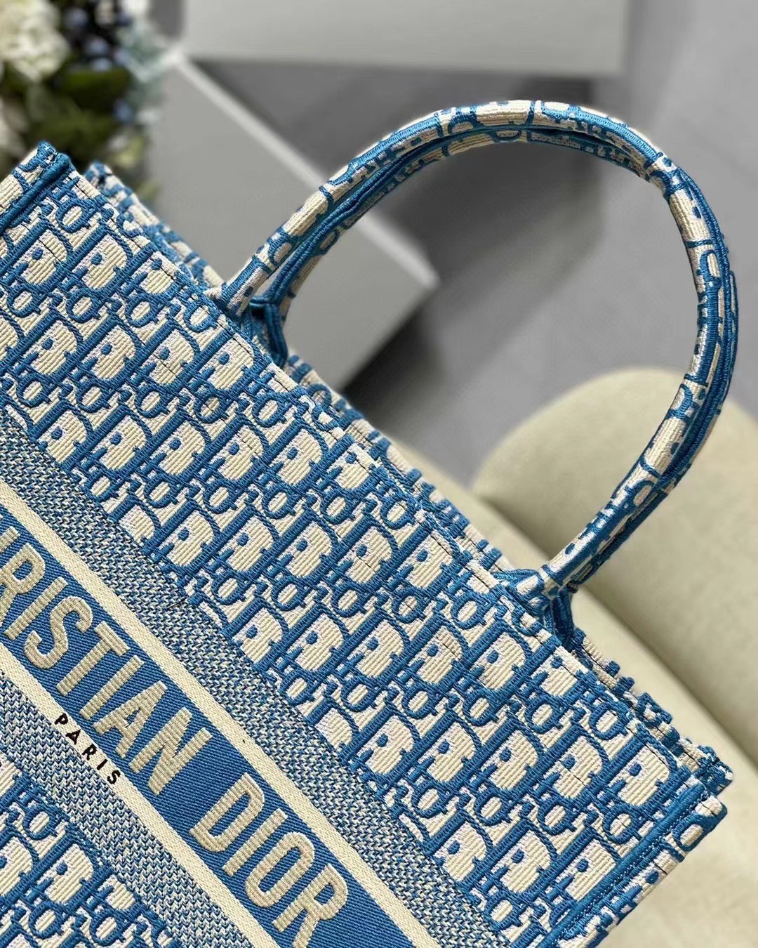 D*or small book tote in cornflower blue D*or oblique embroidery