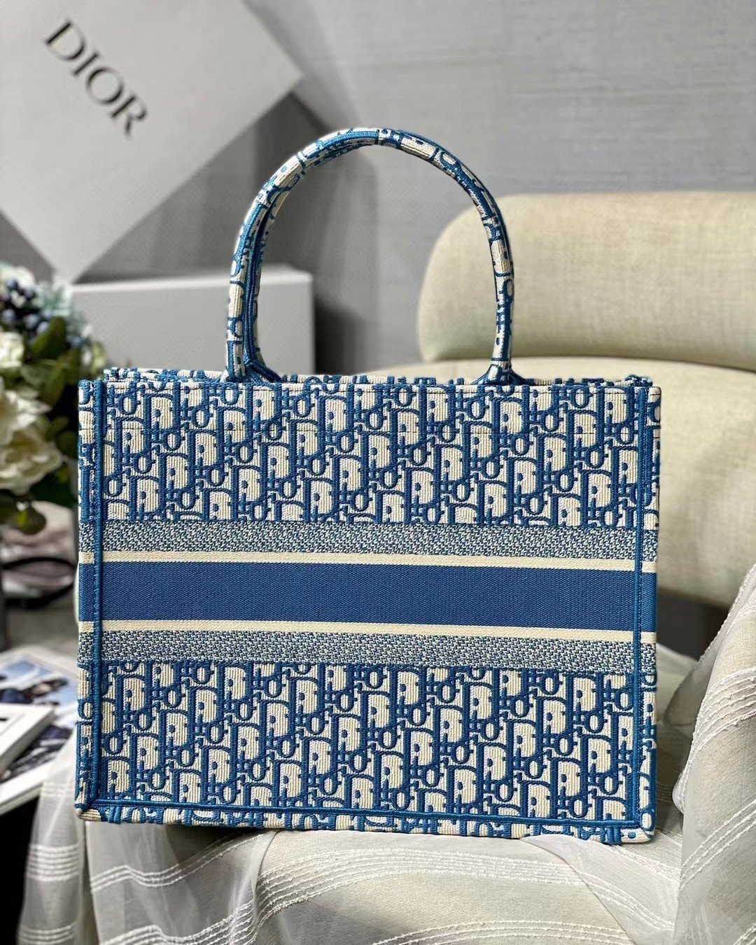 D*or small book tote in cornflower blue D*or oblique embroidery