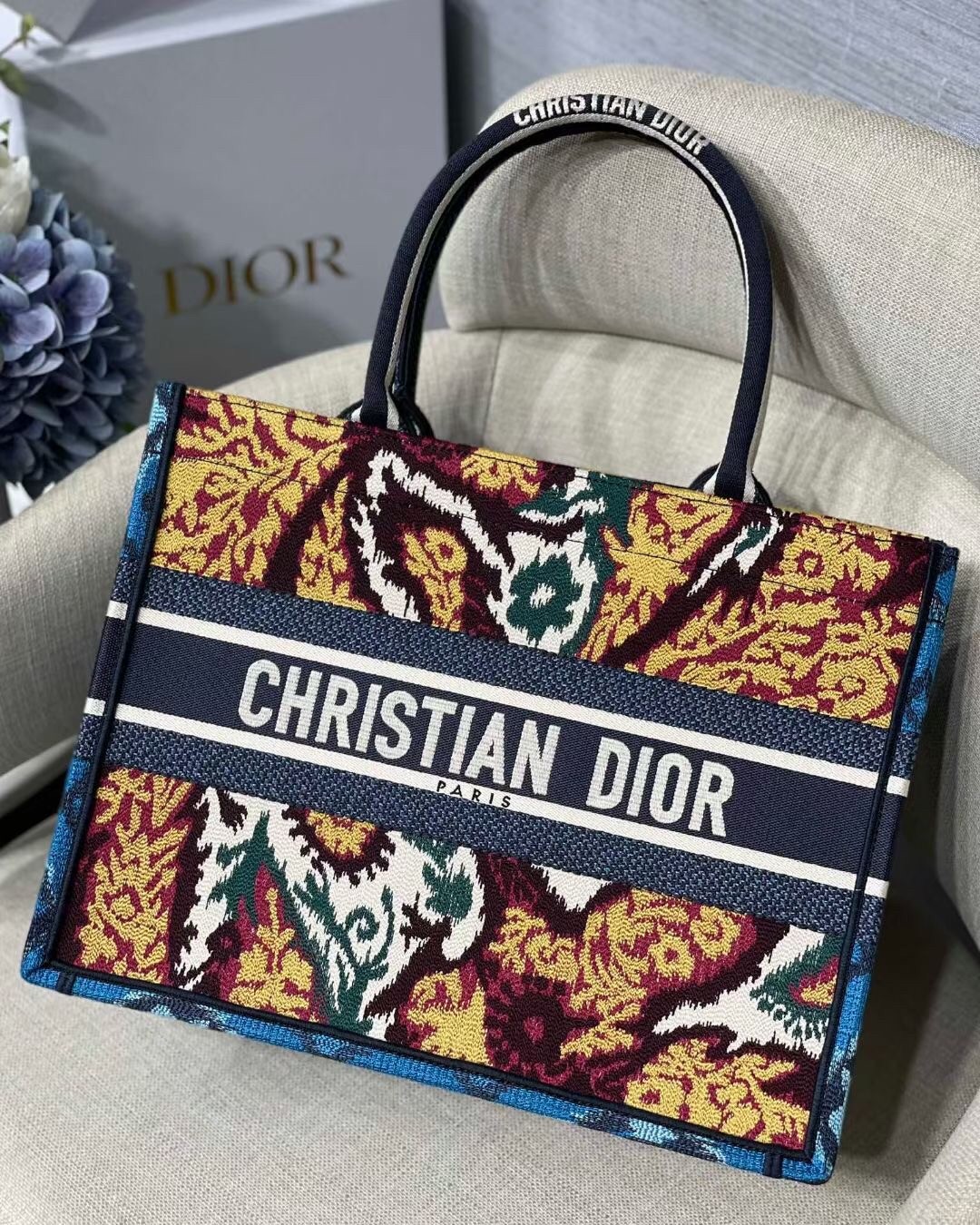 D*or small book tote in blue multicolor D*or paisley embroidery