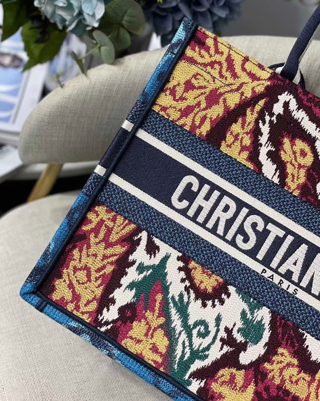 D*or small book tote in blue multicolor D*or paisley embroidery
