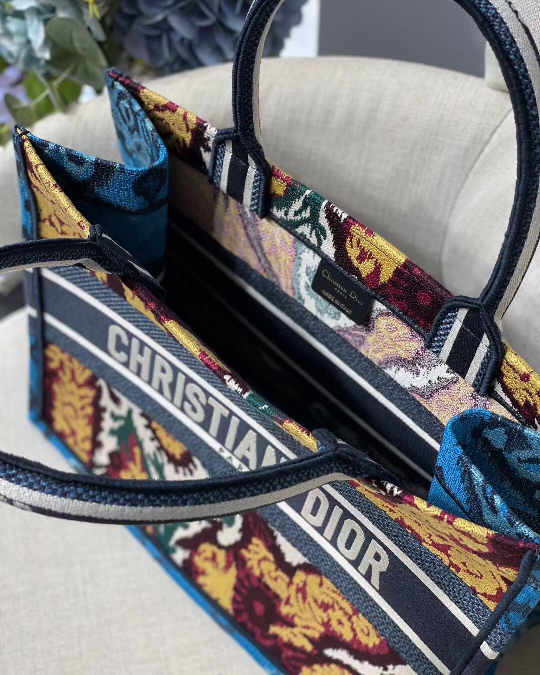D*or small book tote in blue multicolor D*or paisley embroidery