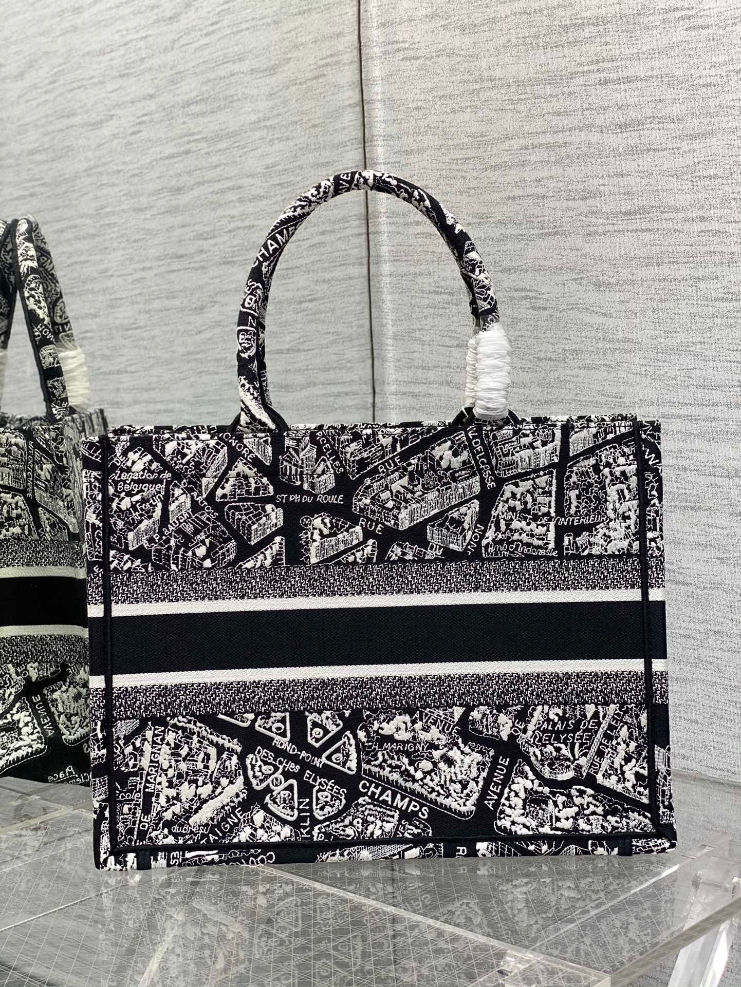 D*or medium book tote bag in black plan de paris embroidery