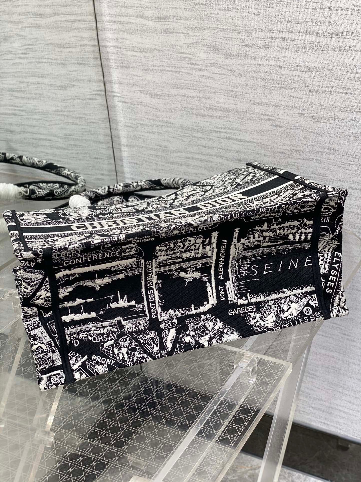 D*or medium book tote bag in black plan de paris embroidery