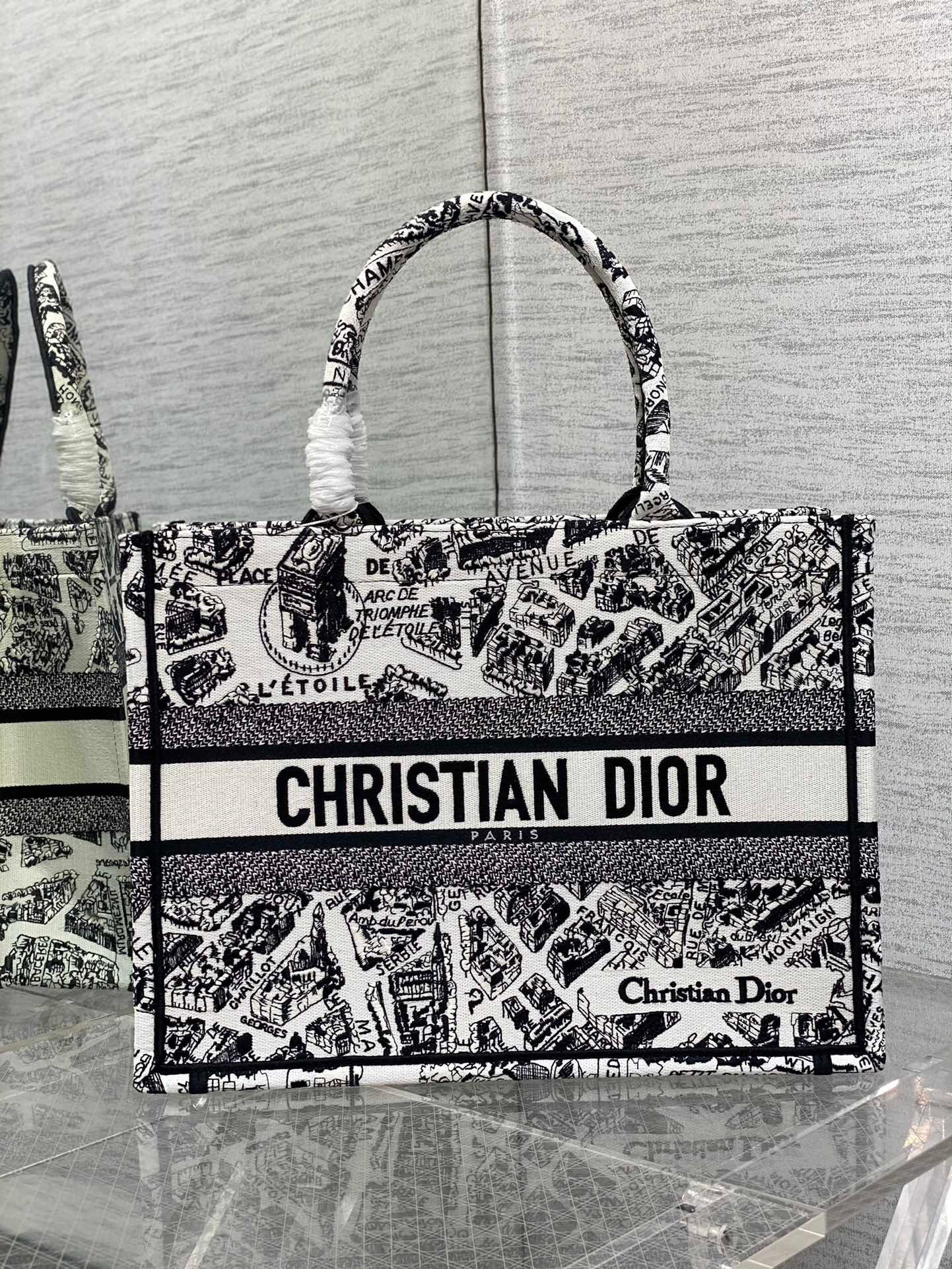 D*or medium book tote bag in white plan de paris embroidery