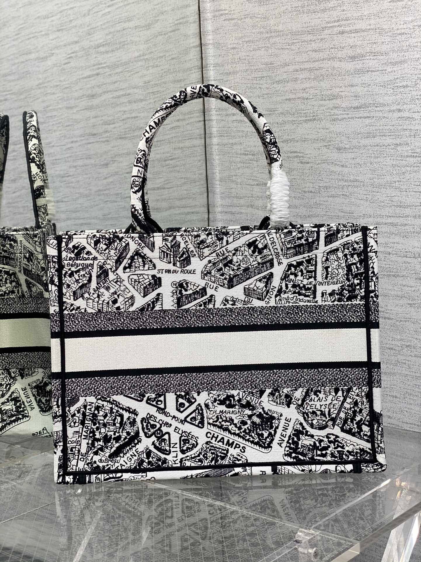 D*or medium book tote bag in white plan de paris embroidery