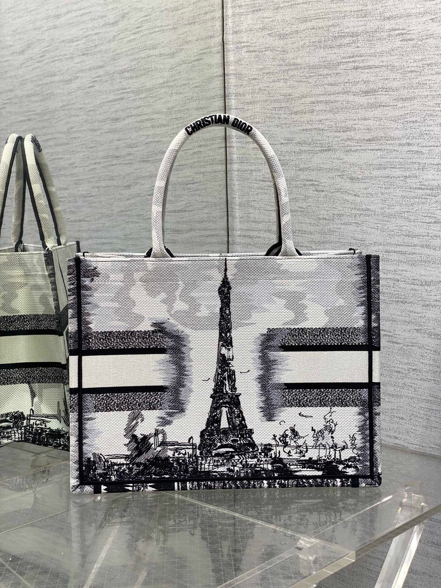 D*or medium book tote bag in white and black paris embroidery