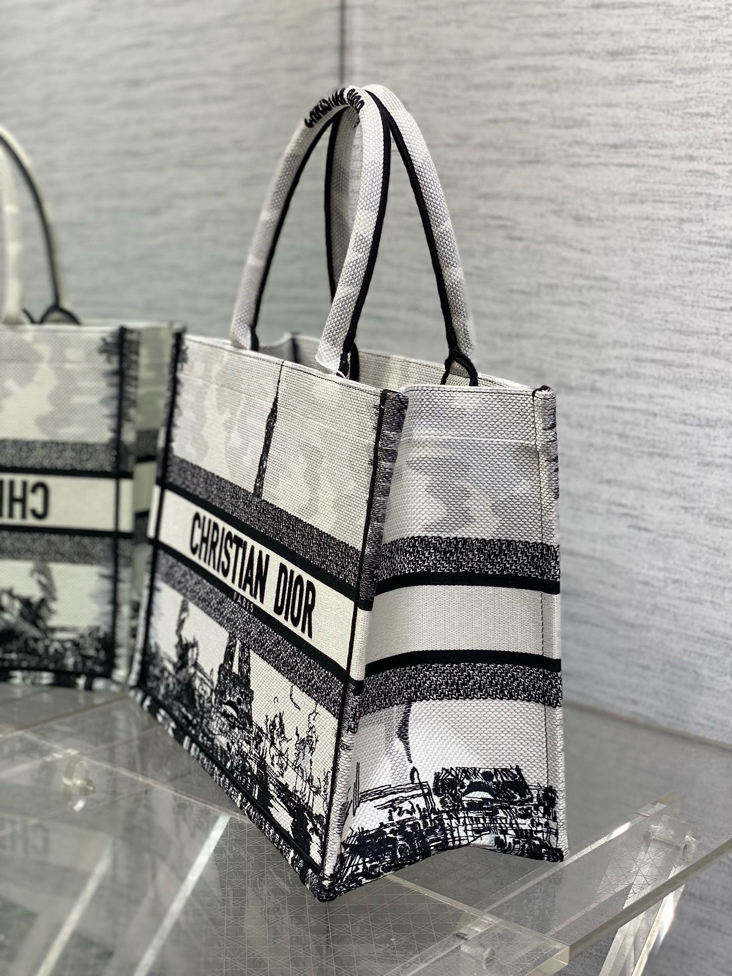D*or medium book tote bag in white and black paris embroidery