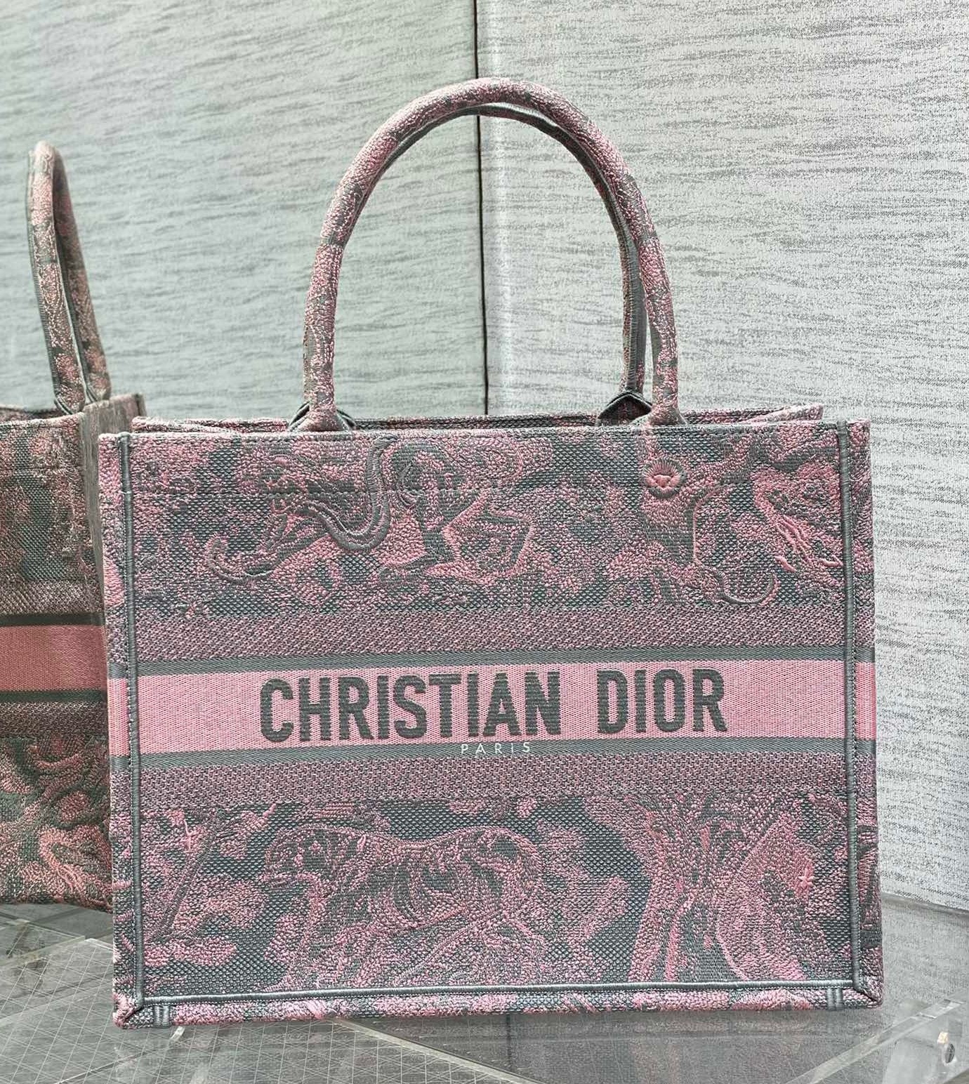 D*or medium book tote bag in grey and pink toile de jouy reverse embroidery