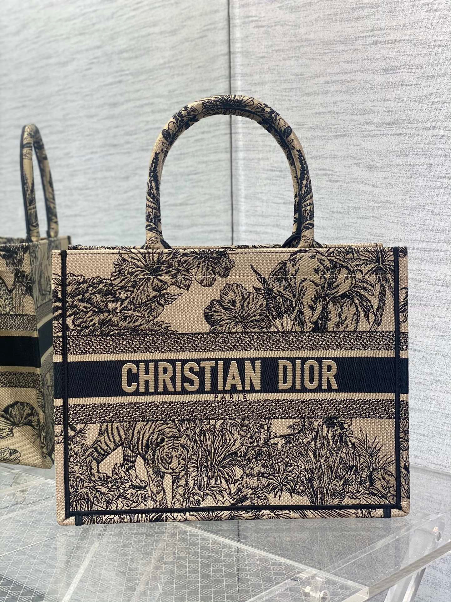 D*or medium book tote bag in beige toile de jouy voyage embroidery