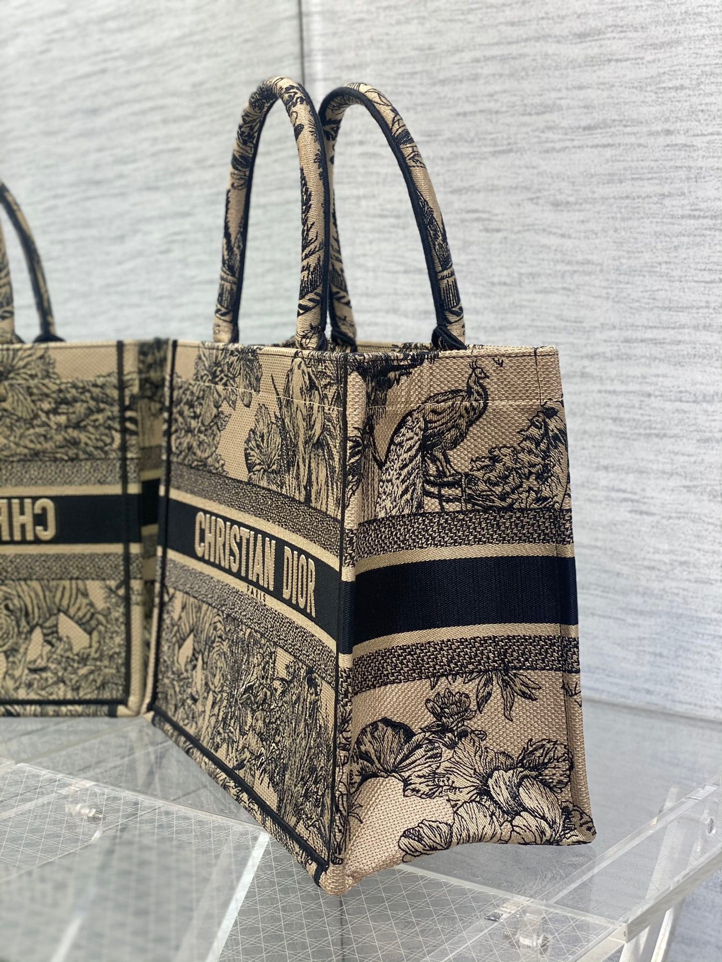 D*or medium book tote bag in beige toile de jouy voyage embroidery