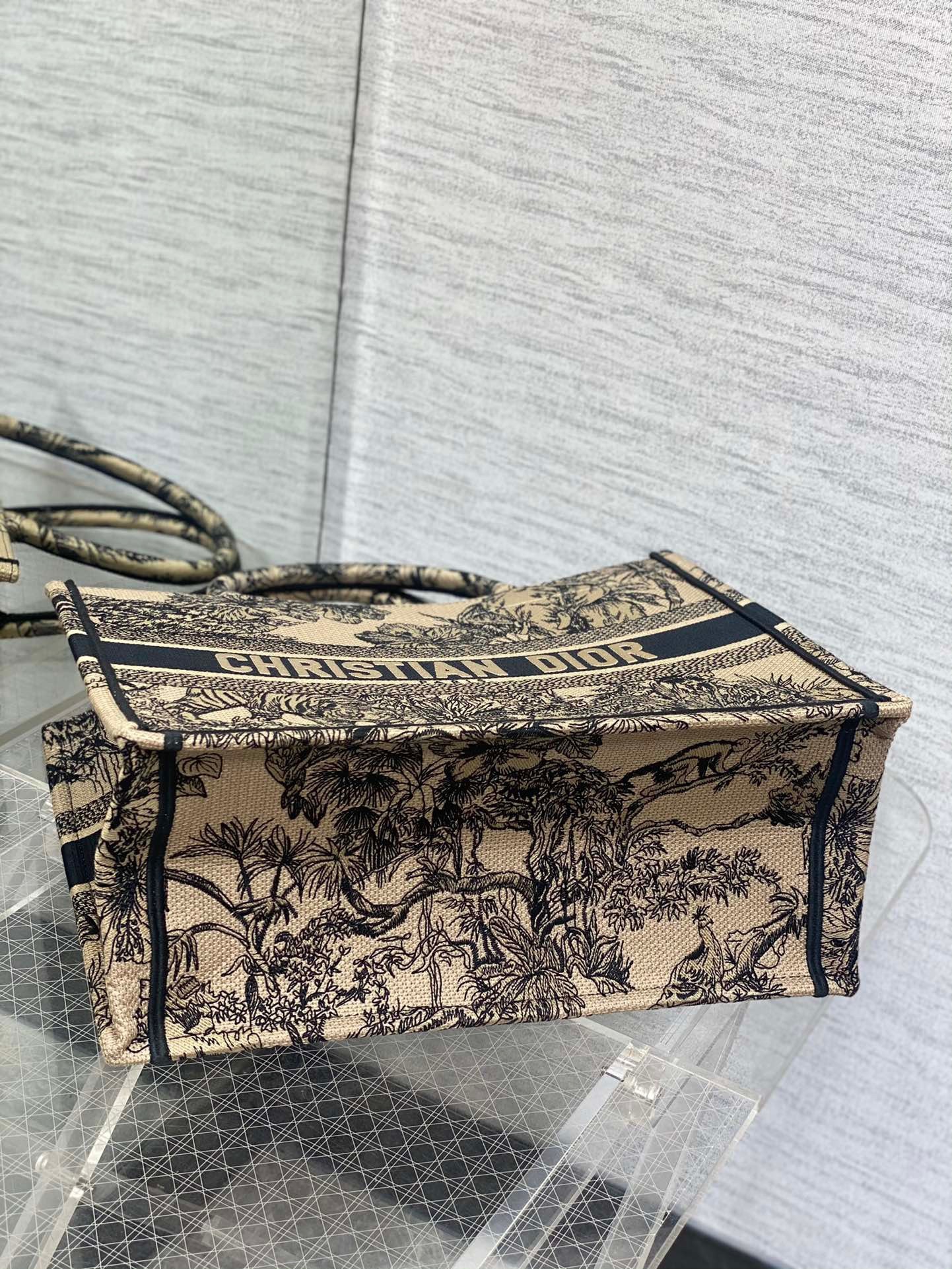 D*or medium book tote bag in beige toile de jouy voyage embroidery