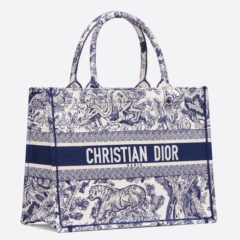 D*or small book tote in blue toile de jouy canvas