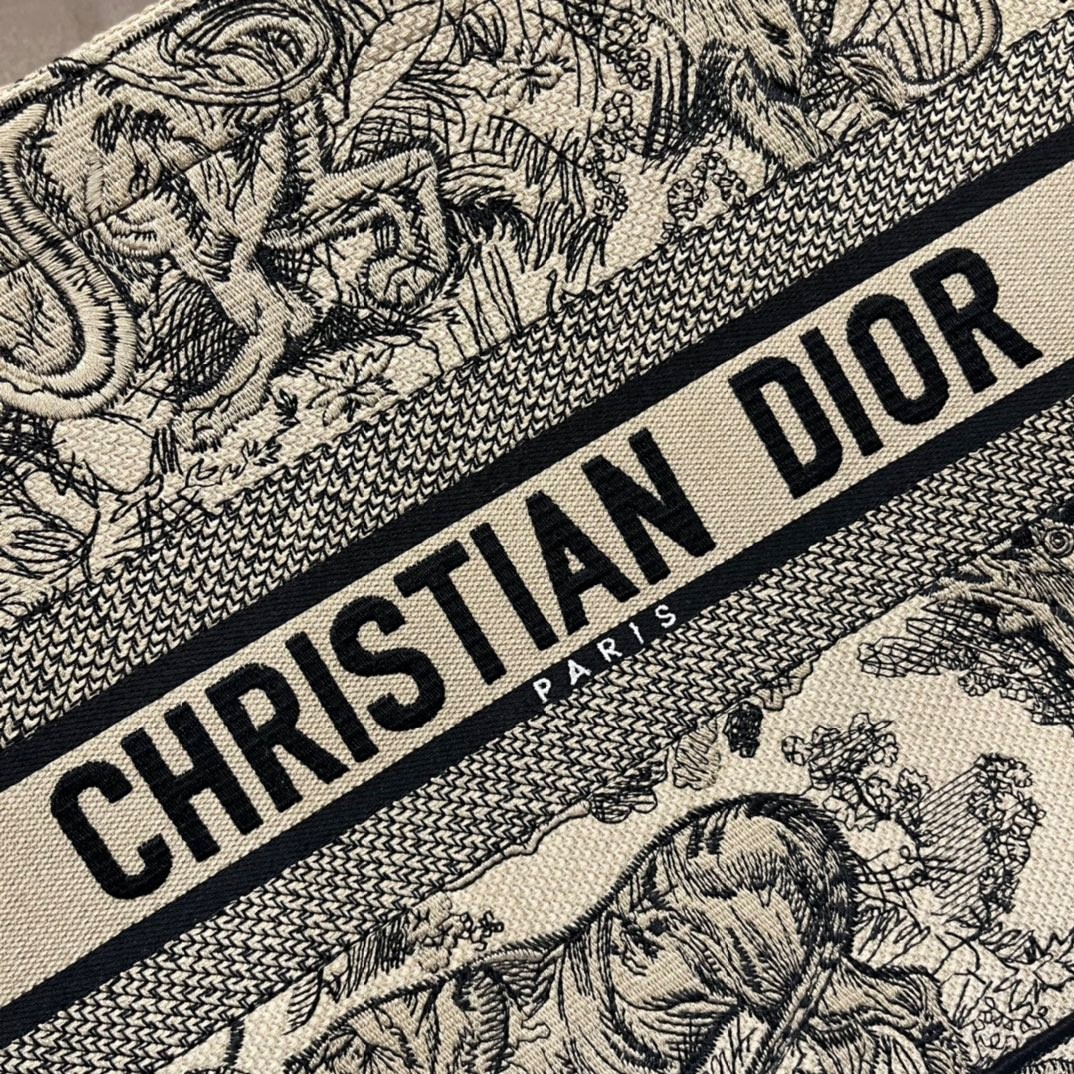 D*or medium book tote bag in brown toile de jouy embroidery