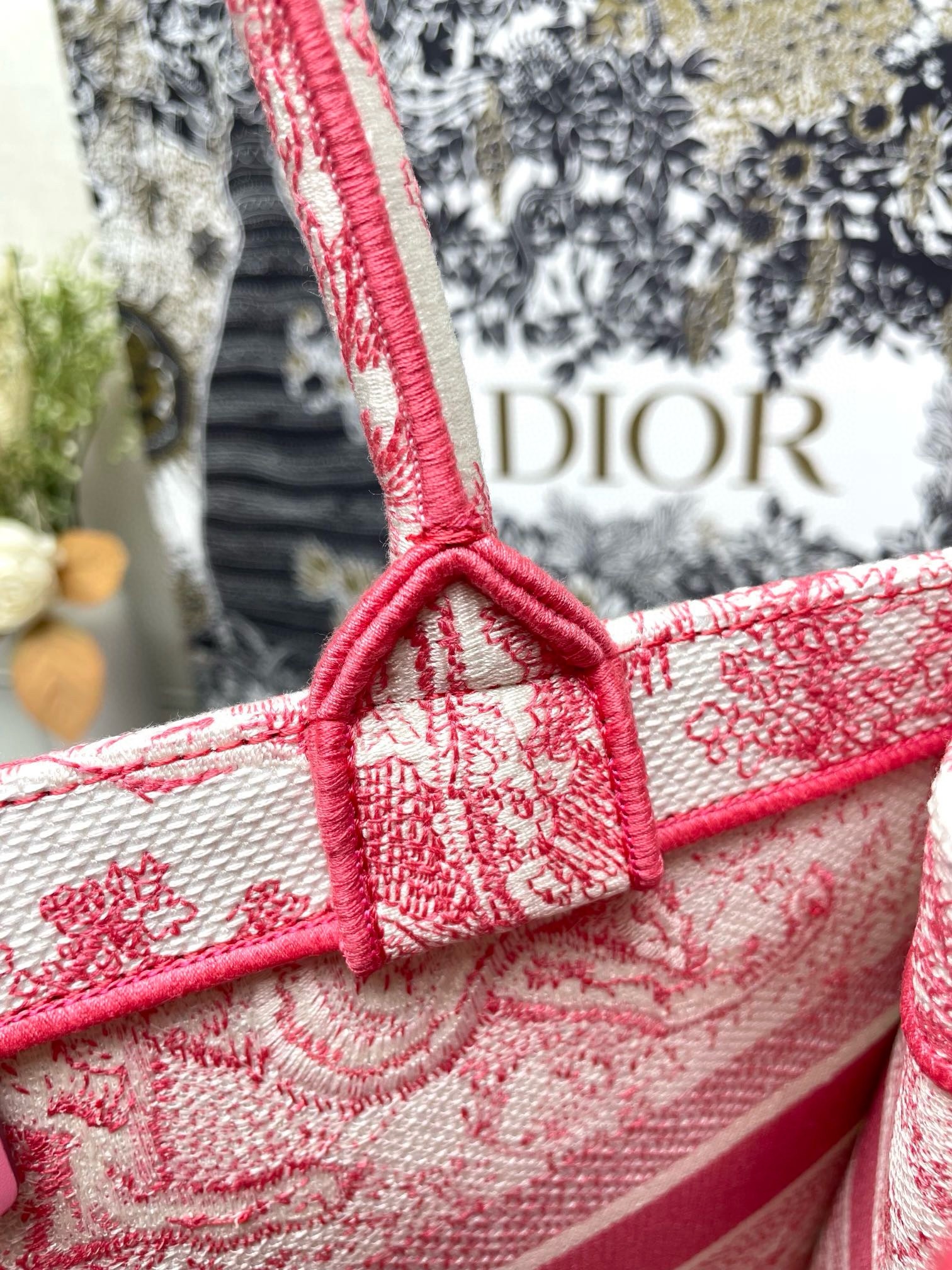 D*or medium D*oriviera book tote in pink toile de jouy embroidery