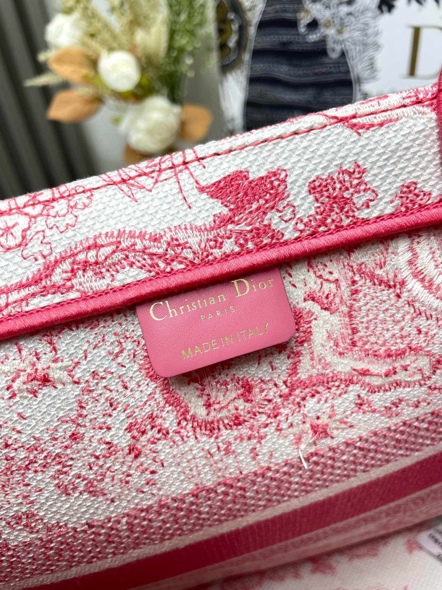 D*or medium D*oriviera book tote in pink toile de jouy embroidery