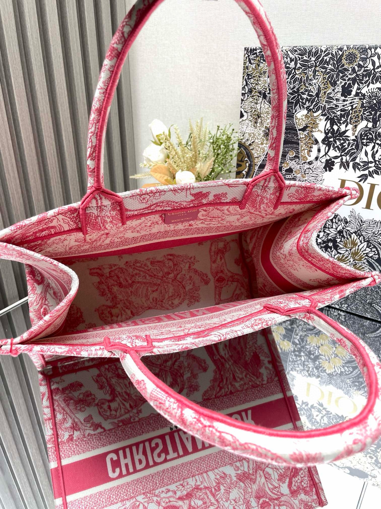 D*or medium D*oriviera book tote in pink toile de jouy embroidery