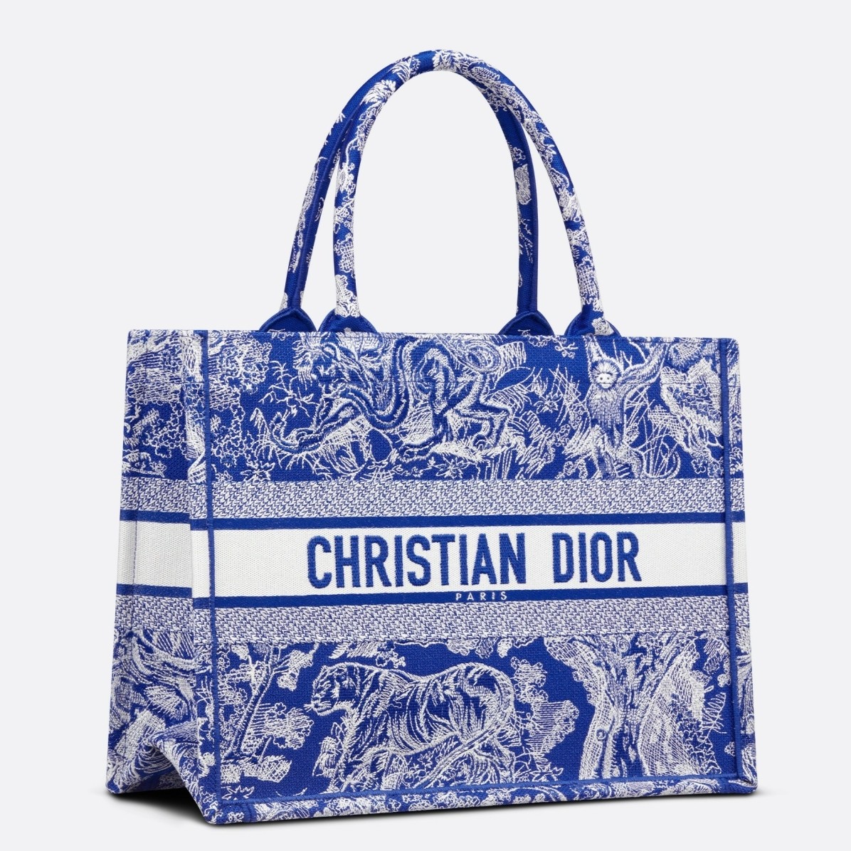 D*or medium book tote bag in fluorescent blue toile de jouy reverse embroidery