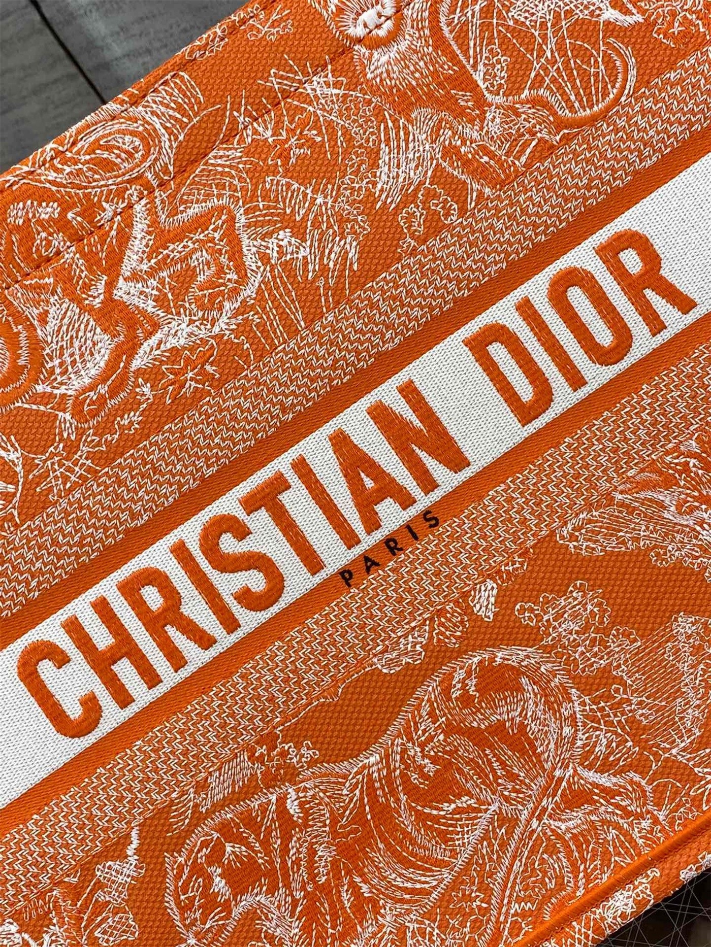 D*or medium book tote bag in fluorescent orange toile de jouy reverse embroidery